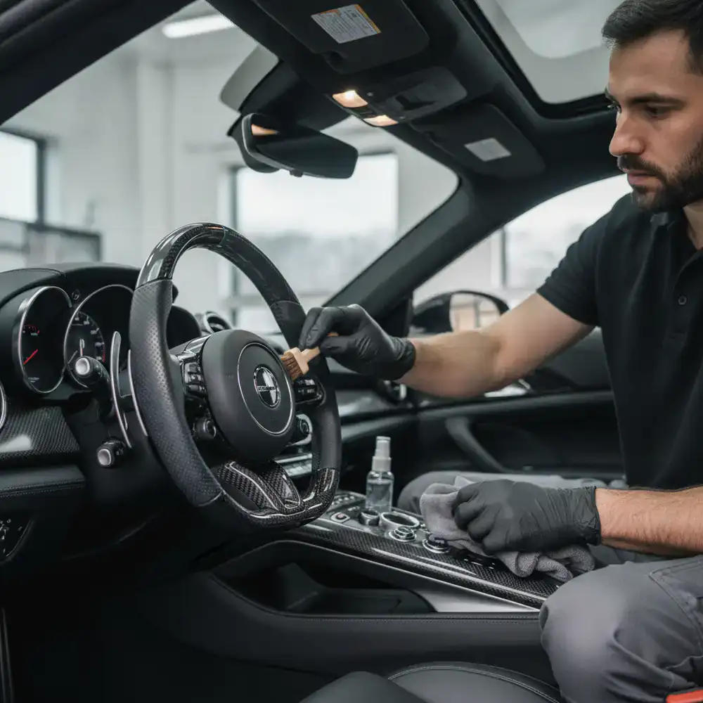 Detailer precisely cleaning a luxury car steering wheel