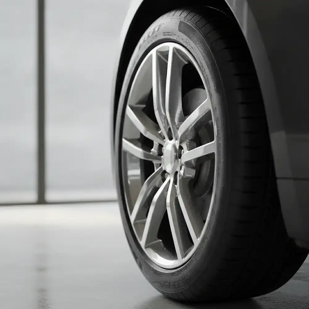 Close-up of a perfectly clean and glossy car wheel and tire